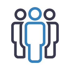 Icon of three outlined figures, with the central figure highlighted in blue, representing leadership or teamwork.