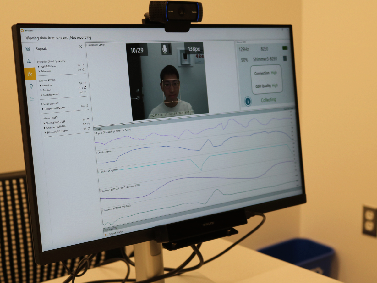 A computer monitor displaying biometric data from sensors related to facial expression analysis and emotional engagement, with a webcam view of a person and graphs charting various measured metrics.