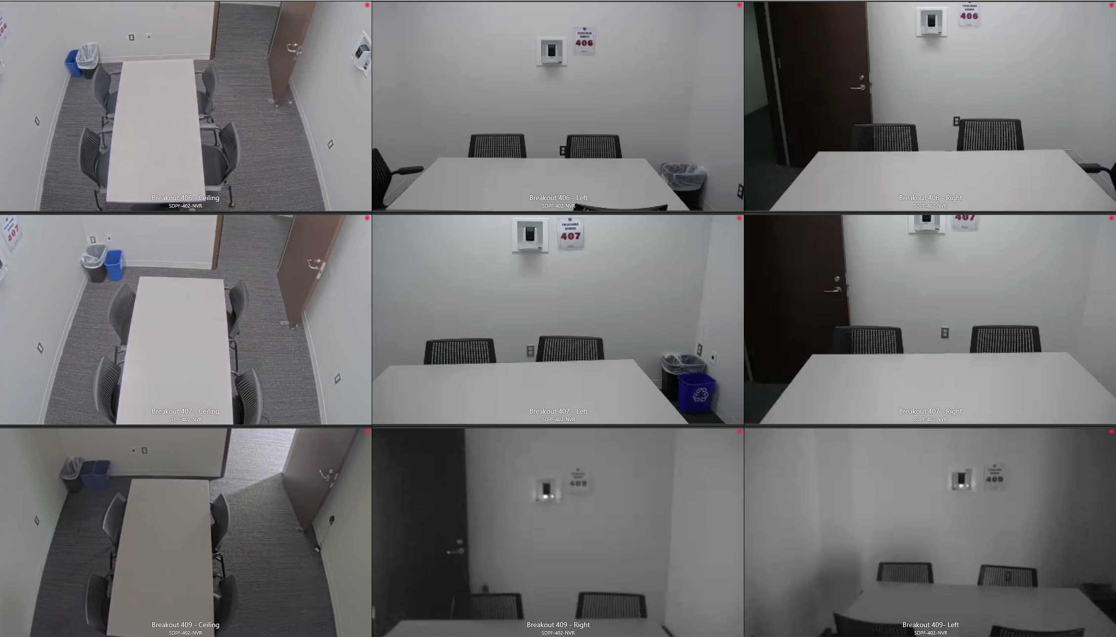 The image shows a series of security camera feeds from different breakout meeting rooms. Each room contains a table with several chairs, and there are recycling bins visible in some corners. The rooms are simply furnished with a neutral color palette.